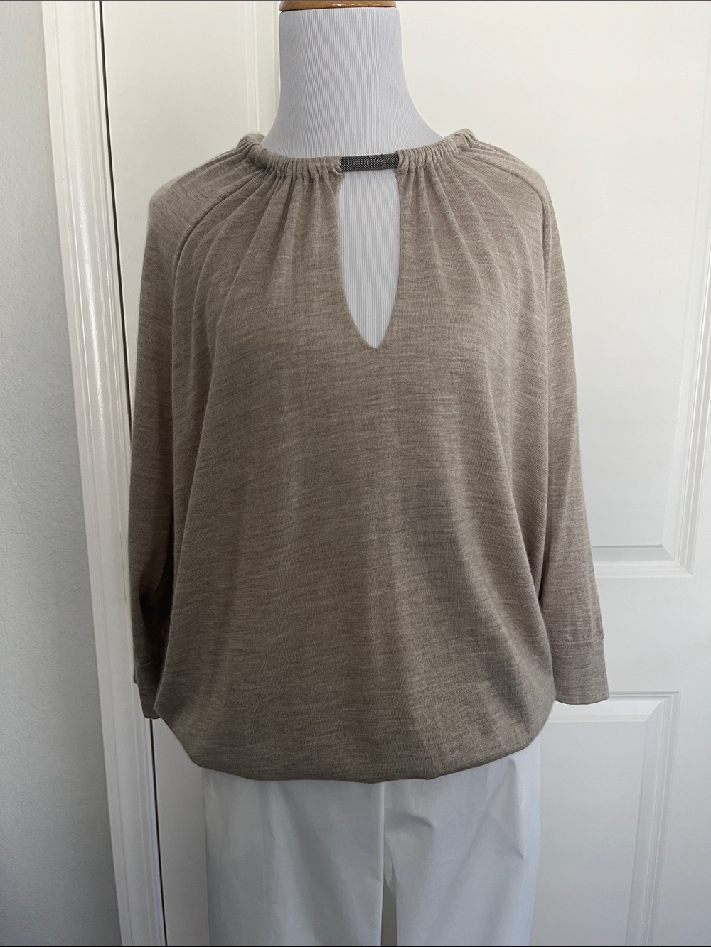 Brunello Cucinelli Taupe Tie-Neck Dolman Top